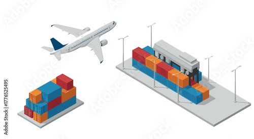 Isometric cargo logistics with airplane and shipping containers for global transport trends