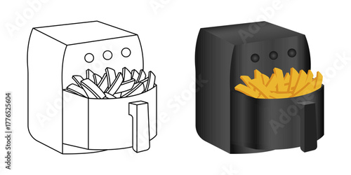 Set of modern air fryers with fries in various styles, home appliance and healthy lifestyle.