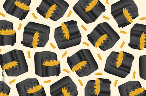 Background with modern air fryers with fries in various styles, home appliance and healthy lifestyle.