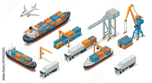 Isometric shipping and transportation elements with cargo containers and ships