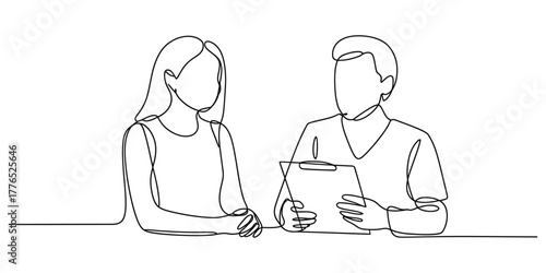 Two people talking, one holding a clipboard continuous line drawing