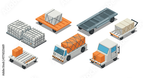 Isometric cargo transportation trucks and trailers with containers