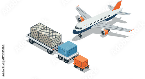 Isometric cargo plane with luggage carts on runway modern airline transportation scene