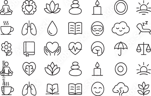 Wellness, relaxation, and health self-care line icons collection Vector