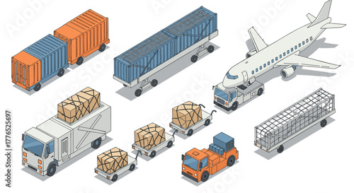 Isometric cargo transport vehicles with containers and airplane for logistics and shipping