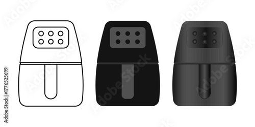 Set of modern air fryers in various styles, home appliance and healthy lifestyle.