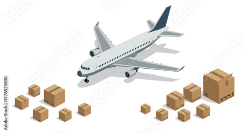 Cargo airplane with packages on white background in isometric style