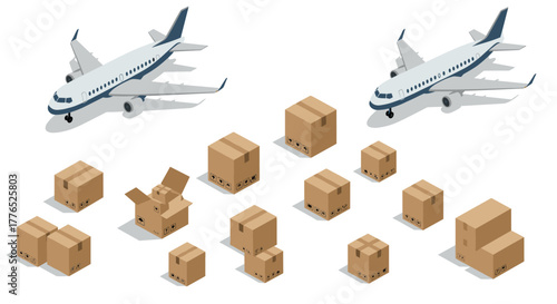 Airplane cargo shipping with cardboard boxes in isometric view