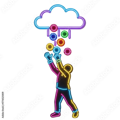 Neon Juggler with Cloud and Gear Rain on Black Background