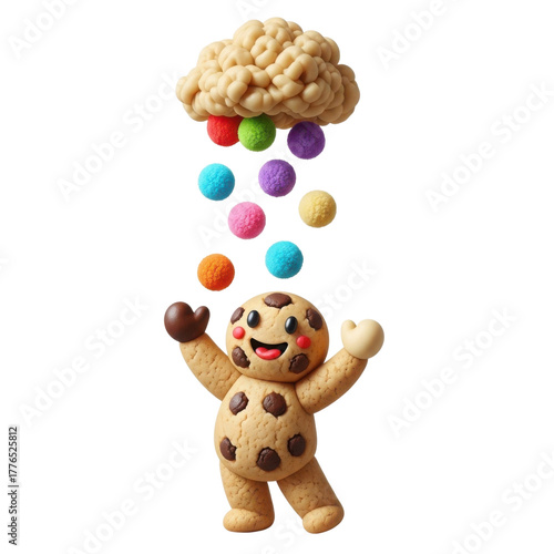 Joyful cookie character under a colorful candy rain cloud