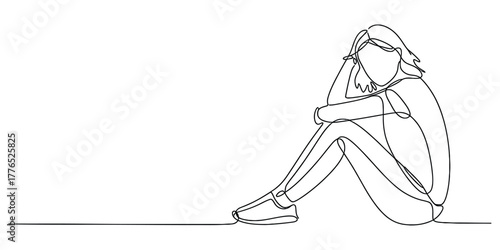 Simple continuous line drawing of a sad woman sitting curled up