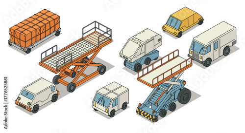 Isometric construction and delivery vehicles collection in flat design