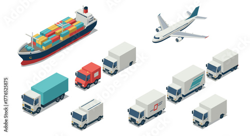 Isometric transport icons featuring airplane, cargo ship, and delivery trucks