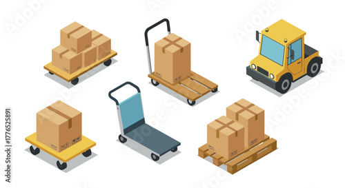 Isometric warehouse equipment cart, pallet, forklift, boxes in modern design
