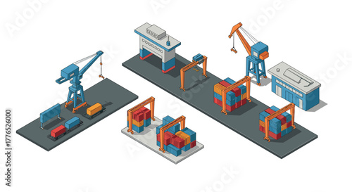 Isometric shipping port with cranes and containers in modern dockyard scene