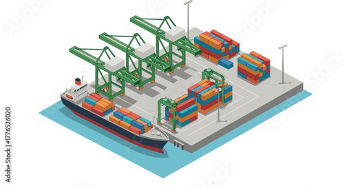 Isometric shipping yard with cargo containers and cranes in a harbor scene