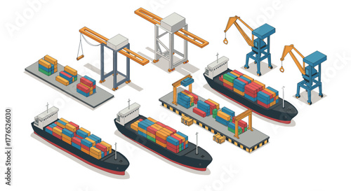 Isometric cargo shipping scene with container ships and cranes in a port