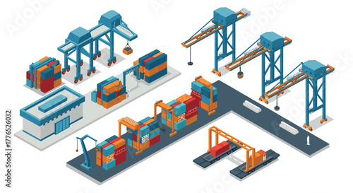 Isometric shipping port scene with container cranes and cargo details