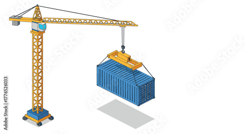 Isometric construction crane lifting shipping container for logistics and transport projects