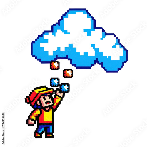 Pixel Art Man Reaching For Weather Elements Under a Cloudscape