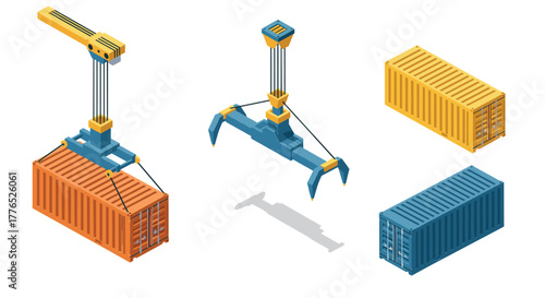 Isometric cargo crane and containers in modern logistics theme