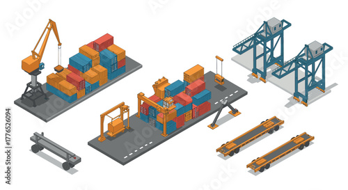 Isometric cargo port elements with cranes and containers