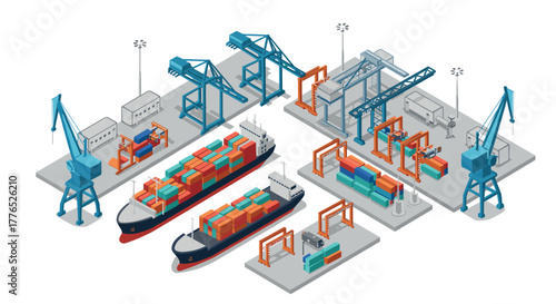 Isometric cargo port with shipping containers and cranes