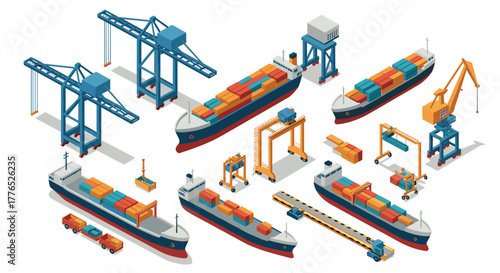 Isometric cargo port with ships and cranes for maritime shipping and logistics scene