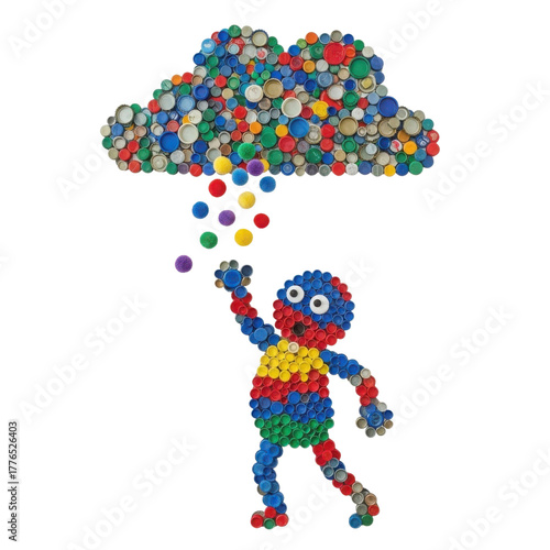 Recycled art character with cloud pouring rain made of bottle caps