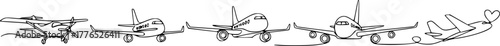 One line airplane. Travel aviation, private plane and airlines linear sketch vector illustration set