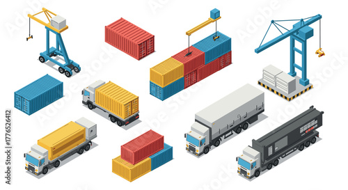 Isometric shipping and logistics with cranes and containers in detailed style