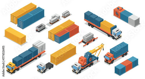 Isometric cargo transport trucks, containers, and logistics equipment in 3d style