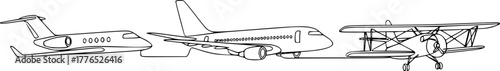 One line airplane. Travel aviation, private plane and airlines linear sketch vector illustration set