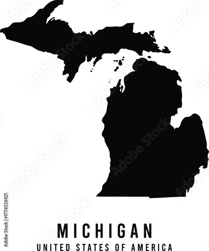 Michigan Map Silhouette, Solid Black State Outline (Upper & Lower Peninsula)
