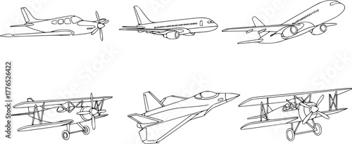 One line airplane. Travel aviation, private plane and airlines linear sketch vector illustration set