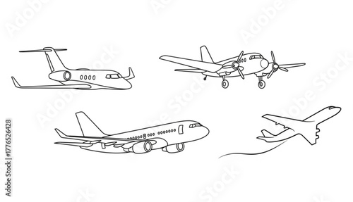 One line airplane. Travel aviation, private plane and airlines linear sketch vector illustration set