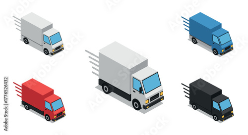 Colorful isometric delivery trucks on white background