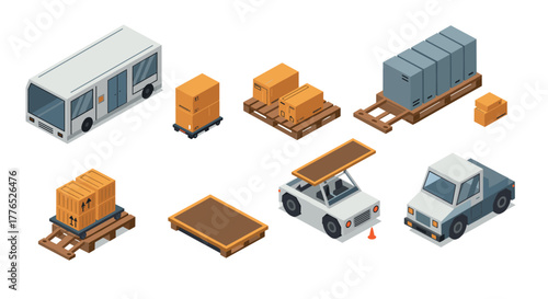 Isometric transport and logistics elements with vehicles and pallets
