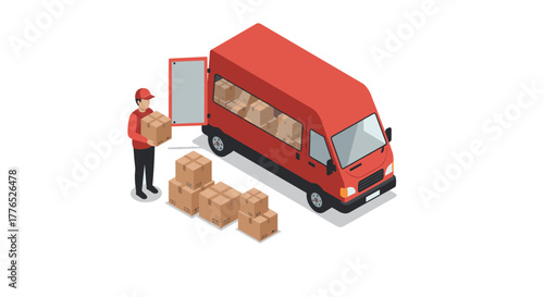 Delivery worker unloading boxes from red van in isometric style