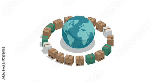 Global distribution concept with earth and cardboard boxes in circle