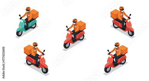 Isometric delivery service diverse scooter riders in uniform with helmets