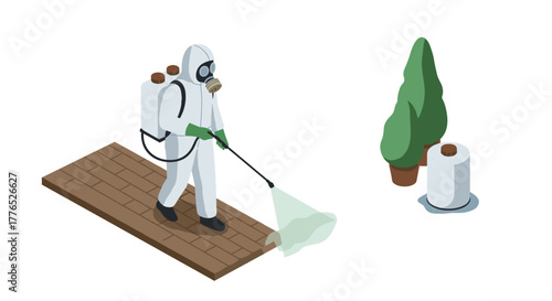 Isometric hazardous material worker spraying sanitation outdoors