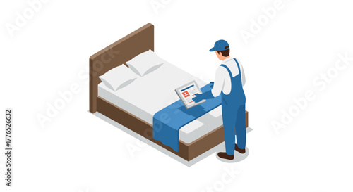Isometric room service worker with digital tablet in modern hotel room