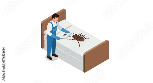Pest control technician inspecting bed for insects in isometric design