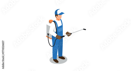 Isometric gardener with pesticide backpack sprayer in uniform and cap