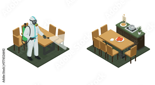 Isometric sanitization process in dining area professional disinfection and clean workspace