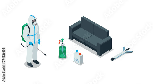 Isometric pest control worker disinfecting couch scene with equipment and chemicals
