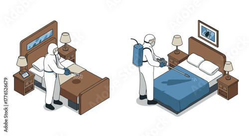 Isometric pest control professionals in protective gear treating beds for insect infestation