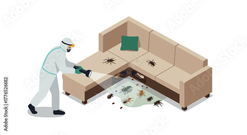 Pest control worker exterminating insects infesting a couch in isometric style