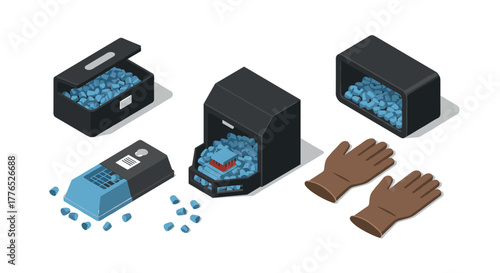 Isometric 3d printers with filament and safety gear on white background